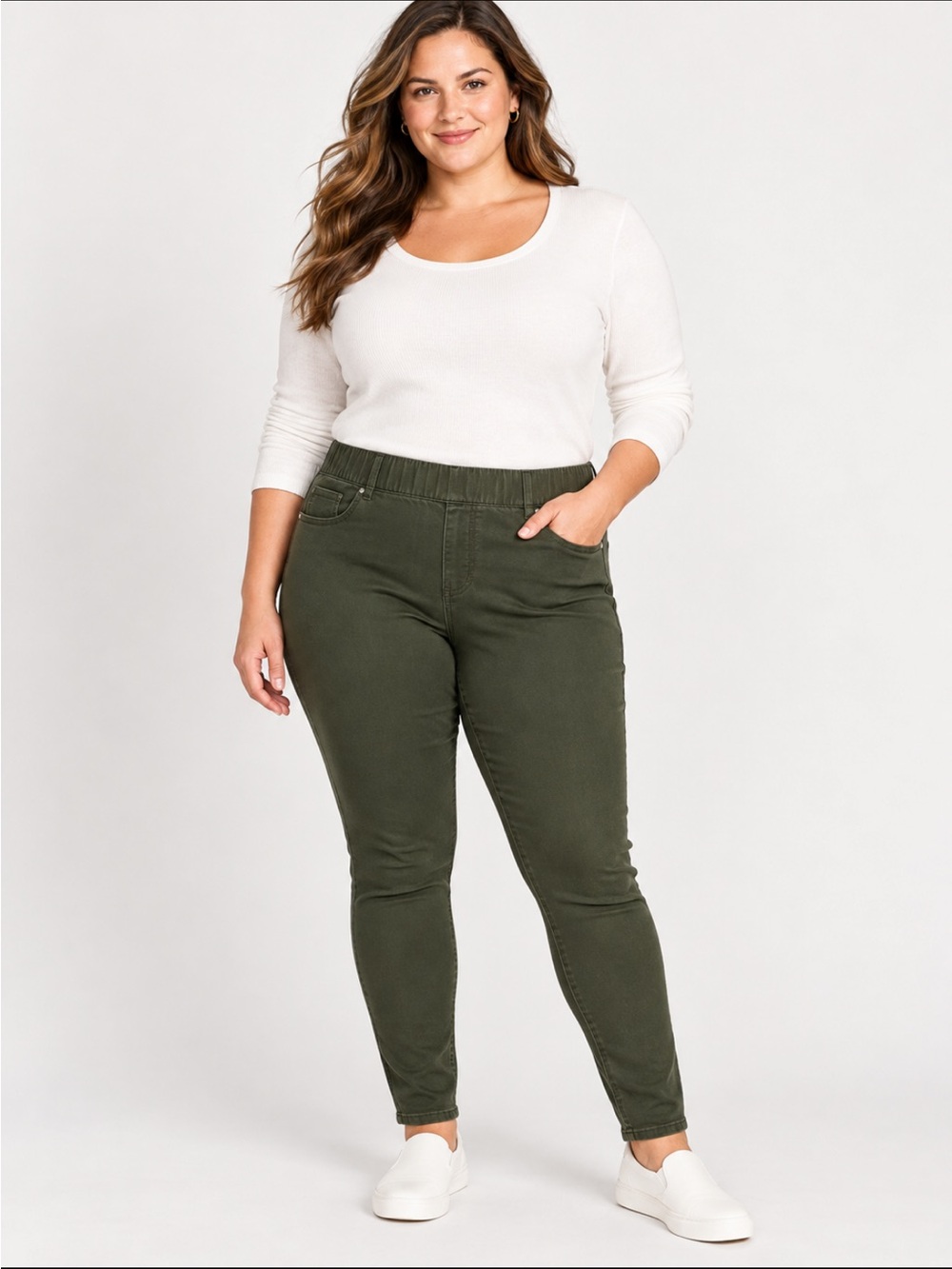 LandsEnd Women’s Plus Elastic Waist Semi High Rise Pull On Skinny Legging Jeans